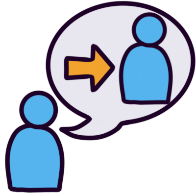 a blue figure with a speech bubble. in the speech bubble is a copy of the figure, with an arrow pointing to them.